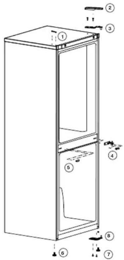 Technical diagram of a refrigerator with numbered parts for identification and assembly reference