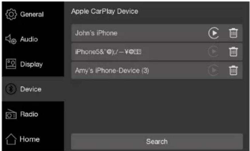General Audio Display Device Radio Home Apple CarPlay Device John's iPhone iPhone5&®);/—¥@12 Amy's iPhone-Device (3) Search