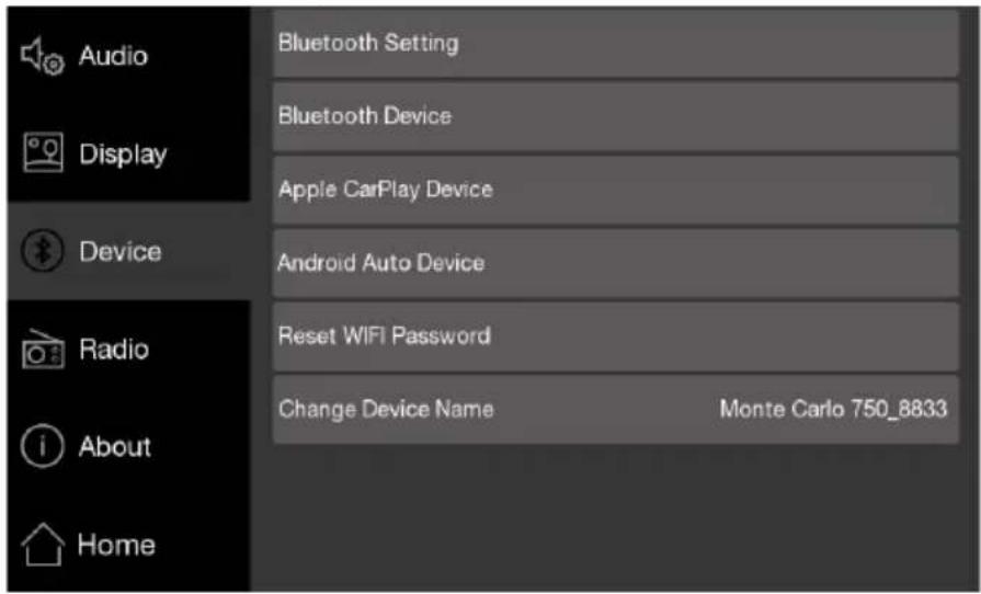 Audio Display Device Radio About Home Bluetooth Setting Bluetooth Device Apple CarPlay Device Android Auto Device Reset WIFI Password Change Device Name Monte Carlo 750_8833
