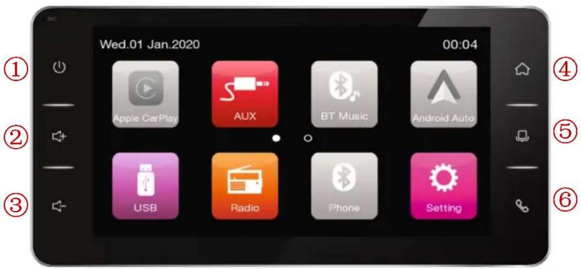 Wed.01 Jan.2020 00:04 ① Apple CarPlay AUX BT Music Android Auto ② USB Radio Phone Setting ③