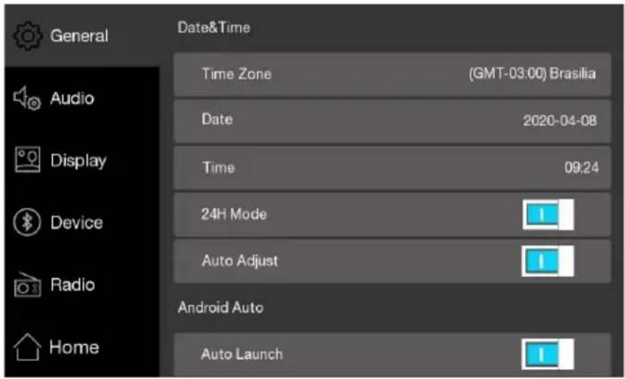 General Audio Display Device Radio Home Date&Time Time Zone (GMT-03:00) Brasilia Date 2020-04-08 Time 09:24 24H Mode Auto Adjust Android Auto Auto Launch