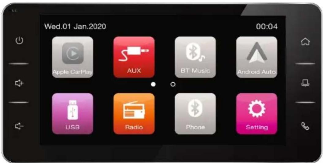 Wed.01 Jan.2020 00:04 Apple CarPlay AUX BT Music Android Auto USB Radio Phone Setting