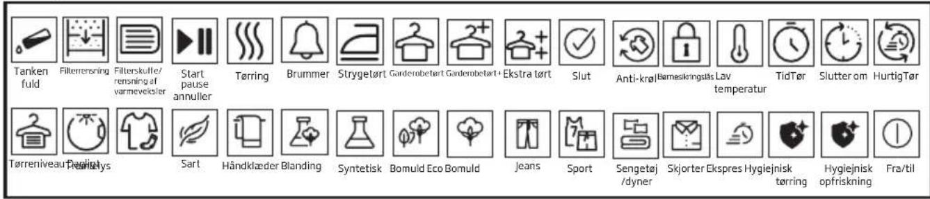Tanken fuld Filterensring Filterskulle/rensning af varmevelsler Start pause annuller Tørring Brummer Strygetørt Gardenobetørt Gardenobetørt+ Ekstra tørt Slut Anti-krol Bømeskringsås Lav temperatur TidTør Slutter om HurtigTør Tørreniveau Peelitlys Sart Händklæder Blanding Syntetisk Bomuld Eco Bomuld Jeans Sport Sengetøj /dyner Skjorter Ekspres Hygiejnisk tørring Hygiejnisk opfriskning Fra/til