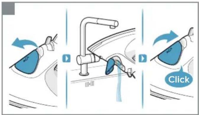 Diagram illustrating a car cleaning procedure with blue spray, valve, and click button labeled 'Click'