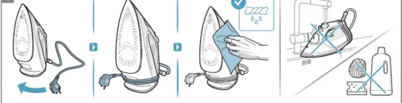 Illustration showing four steps of ironing process: heating, cleaning, washing machine, and cleaning with a bag.