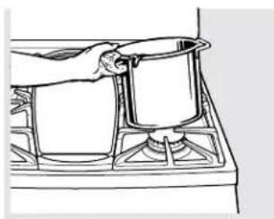 Line drawing of a hand pouring liquid into a pan with two containers on a stovetop (no text or symbols)