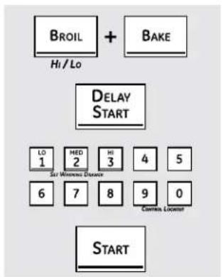BROIL + BAKE Hi / Lo DELAY START LO 1 MED 2 HI 3 4 5 Sat Wearing Diverer 6 7 8 9 0 Common Ladder START