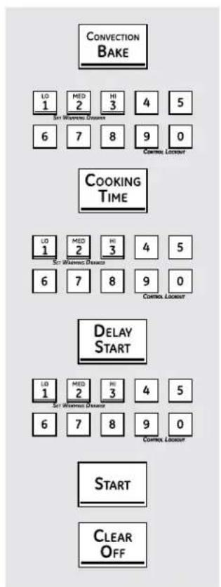 graph TD A["CONVECTION BAKE"] --> B["LO 1"] B --> C["Med 2"] C --> D["HI 3"] D --> E["4"] E --> F["5"] F --> G["Set Wearing Dates"] G --> H["6"] H --> I["7"] I --> J["8"] J --> K["9"] K --> L["Control Lockout"] M["COOKING TIME"] --> N["LO 1"] N --> O["Med 2"] O --> P["HI 3"] P --> Q["4"] Q --> R["5"…