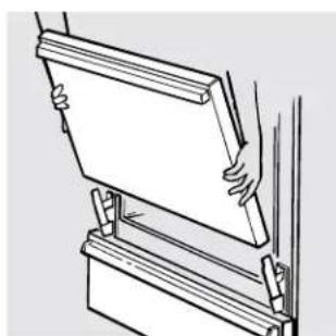 Line drawing of a person holding a large rectangular object, partially lifted by vertical supports (no text or symbols)