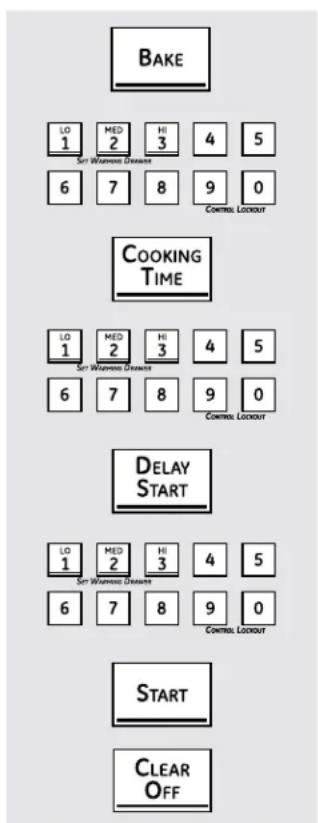 BAKE LO 1 MED HI 4 5 Set Warmed Drawout 6 7 8 9 0 Control Lockout COOKING TIME LO 1 MED HI 4 5 Set Warmed Drawout 6 7 8 9 0 Control Lockout DELAY START LO 1 MED HI 4 5 Set Warmed Drawout 6 7 8 9 0 Control Lockout START CLEAR OFF