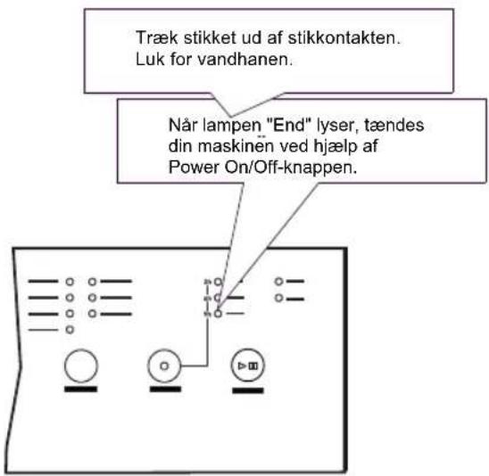 Træk stikket ud af stikkontakten. Luk for vandhanen. Når lampen "End" lyser, tændes din maskinen ved hjælp af Power On/Off-knappen.