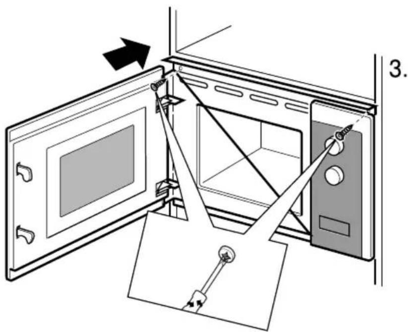 Diagram showing a microwave oven with labeled parts and directional arrow indicating assembly or installation.