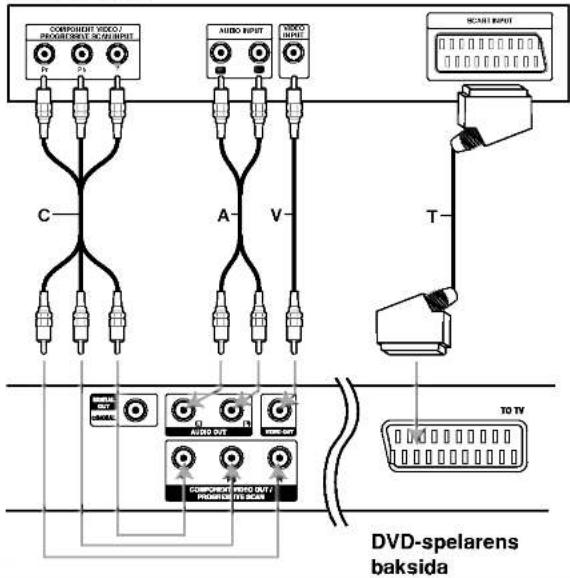 COMPONENT VIDEO / PROGRESSIVE SCANDER C AUDIO INPUT A V MCART INPUT T SIGNAL OUT UNICIPAL AUTO OUT RARE-OUT COMPONENT VIDEO OUT / PROGRESSIVE SCANDER TO TV DVD-spelarens baksida