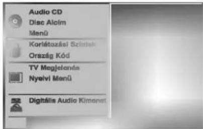 Audio CD Disc Alcím Menü Korlétozásl Szürk Ország Kód TV Megjelonés Nyelvi Menü Digitális Audio Kimenet