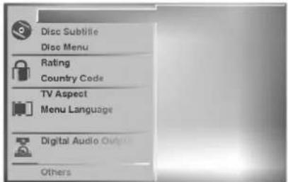Disc Subtitle Disc Menu Rating Country Code TV Aspect Menu Language Digital Audio Outputs Others