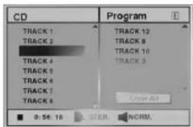 CD Program TRACK 1 TRACK 2 TRACK 4 TRACK 5 TRACK 6 TRACK 7 TRACK 8 TRACK 12 TRACK 9 TRACK 10 TRACK 3 Clear All 0:56:18 STER NORM.
