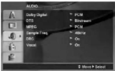AUDIO Dalby Digital PCM DTS Bînstream MPEG PCM Sample Freq 4MHz DRC On Vocal On Move Select