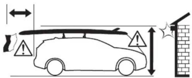 Diagram illustrating vehicle parking and safety warning symbols with arrows and warning signs