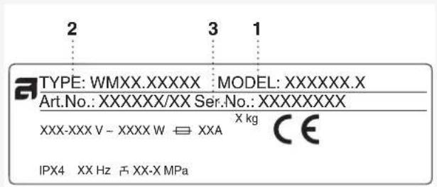 2 3 1 TYPE: WMXX.XXXXXX MODEL: XXXXXX.X Art.No.: XXXXXXX/XX Ser.No.: XXXXXXXX XXX-XXX V - XXXX W ⇌ XXA X kg CE IPX4 XX Hz ≠ XX-X MPa