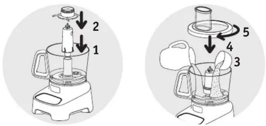 Diagram showing a kitchen blender with labeled parts including a brush, lid, and spoon, illustrating step-by-step cleaning or assembly.