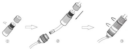 Diagram illustrating three-step assembly of a cylindrical device with labeled components and directional arrows
