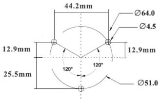 44.2mm Ø64.0 Ø4.5 12.9mm 12.9mm 120° 120° 25.5mm Ø51.0