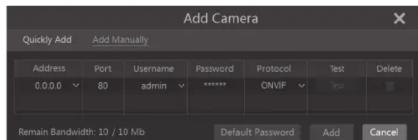 Add Camera Quickly Add Add Manually Address Port Username Password Protocol Test Delete 0.0.0 80 admin ***** ONVIF Top Remain Bandwidth: 10 / 10 Mb Default Password Add Cancel
