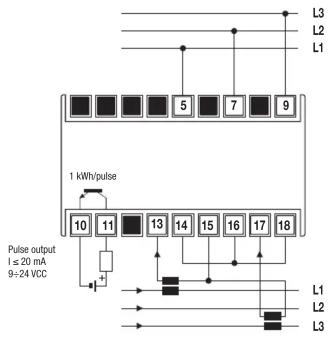 L3 L2 L1 5 7 9 1 kWh/pulse 10 11 13 14 15 16 17 18 Pulse output 1 ≤ 20 mA 9÷24 VCC L1 L2 L3