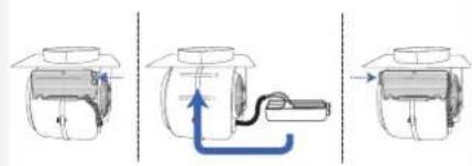 Diagram showing three-step mechanical assembly with labeled components and directional arrows indicating motion or flow.