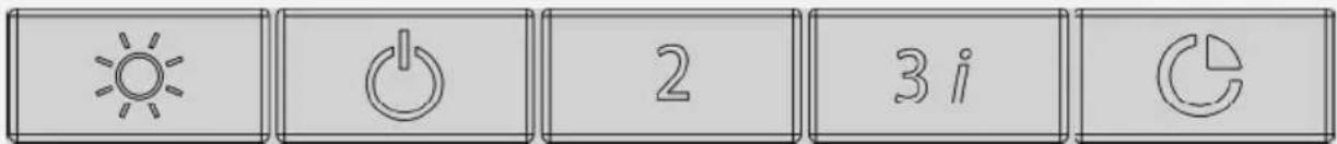 Row of six gray rectangular buttons with icons: sun, power button, number 2, '3 i', and refresh symbol.