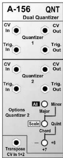 A-156 QNT Dual Quantizer CV In Quantizer CV Out Trig. In 1 Trig. Out CV In Quantizer CV Out Trig. In 2 Trig. Out Options Quantizer 2 All Major Quint Scale Chord Transpose CV In 1+2 +6 +7