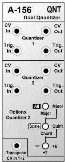 A-156 QNT Dual Quantizer CV In Trig. In Quantizer 1 CV Out Trig. Out CV In Trig. In Quantizer 2 CV Out Trig. Out Options Quantizer 2 All Major Quint Scale Chord +6 +7 Transpose CV In 1+2