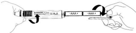 Diagram showing two hands holding a pen-like object with labeled sections and arrows indicating motion or movement.
