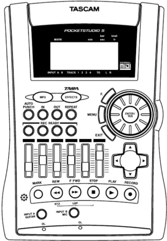 TASCAM POCKETSTUDIO 5 MARK min bar swt beat fr GENERAL MID INPUT A B TRACK 1 2 3 4 TG L R TASM MP3 EFFECTS AUTO PUNCH IN OUT REPEAT MENU F. ENTER/ YES REC READY EXIT MARK REW F FWD STOP PLAY RECORD RTZ LRP INPUT A GUTAR INPUT B MIC OL OL