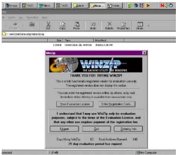 WINZip THE ACCOUNTS OUTPUT FOR WINZIPS THANK YOU FOR TRYING WINZIP! This is a fully functional unregistered version for evaluation use only. The registered version does not display this notice. You can order the registered version online, by phone, or by mail. Immediate online delivery is available from new winzip.com. View Evaluation License Enter Registration Code... I understand that I may use WinZip only for evaluation purposes, subject to the terms of the Evaluation License, and that any other use requires payment of the registration fee. I agree Out Ordering Info Days Using WinZip 63 Total Archives Opened 140 21-day evaluation period has expired Selected: $1 M0 My Computer