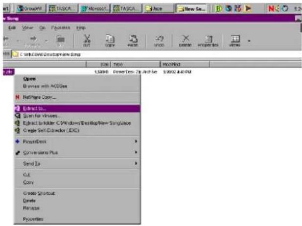 C:\Windows\DevOps\Song File Edit View Help Open Browse with ADOGes NetPage Cover... Extract To... Scan for Visions... Extract To Holder C:\Windows\DevOps\New Song\Jbox Create Self-Extractor (JXC) PowerDesk > Conversion Plus > Send To Cut Copy Create Shortcut Delete Rename Properties USB08 PowerDesk Zip Archive 53992.461PM