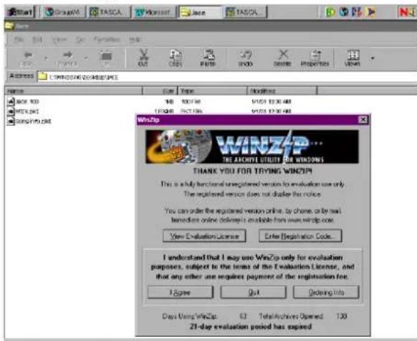 WINZIP THE ACHIVE UPDATE FOR WINDOWS THANK YOU FOR TRYING WINZIP! This is a fully functional unregistered version for evaluation use only. The registered version does not displace this notice. You can order the registered version online. By phone, only new termed online deliver it available from www.winzip.com. View Evaluation License Enter Registration Code. I understand that I may use WinZip only for evaluation purposes, subject to the terms of the Evaluation License, and that any other use required payment of the registration fee. I Agree Out Ordering Info Days Using WinZip: 63 TotalArchives Opened 130 21-day evaluation period has expired