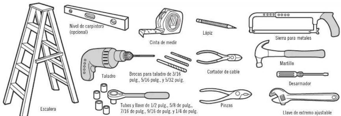 Nivel de carpintero (opcional) Cinta de medir Lápiz Sierra para metales Taladro Brocas para taladro de 3/16 pulg., 5/16 pulg., y 5/32 pulg. Cortador de cable Martillo Desarmador Tubos y llave de 1/2 pulg., 5/8 de pulg., 7/16 de pulg., 9/16 de pulg. y 1/4 de pulg. Pinzas Llave de extremo ajustable