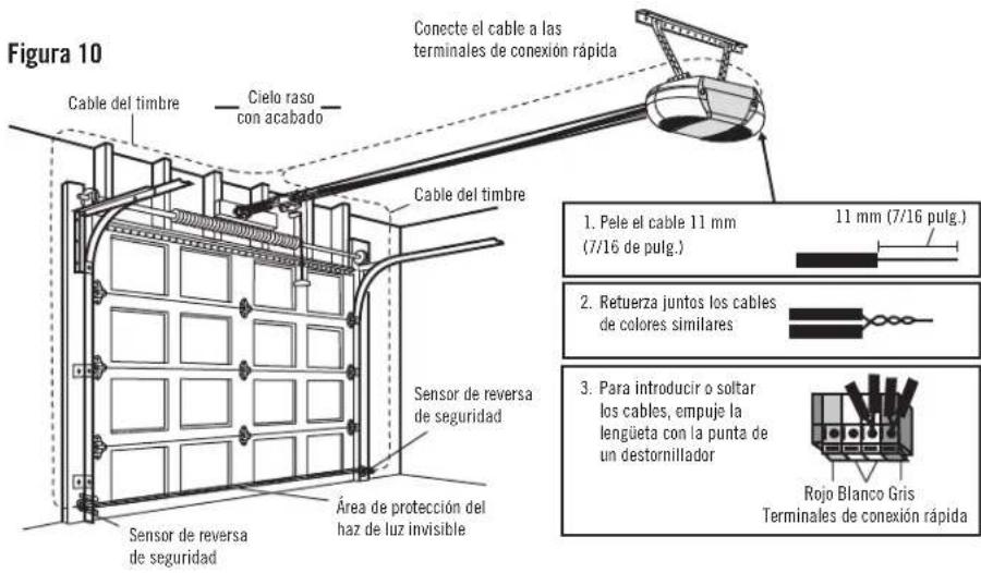 Figura 10 Cable del timbre Cielo raso con acabado Cable del timbre Conecte el cable a las terminales de conexión rápida 1. Pele el cable 11 mm (7/16 de pulg.) 11 mm (7/16 pulg.) 2. Retuerza juntos los cables de colores similares 3. Para introducir o soltar los cables, empuje la lengüeta con la punta de un destornillador Rojo Blanco Gris Terminales de conexión rápida Sensor de reversa de seguridad Área de protección del haz de luz invisible Sensor de reversa de seguridad