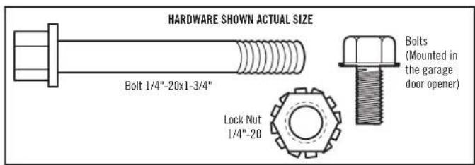 HARDWARE SHOWN ACTUAL SIZE Bolt 1/4"-20x1-3/4" Lock Nut 1/4"-20 Bolts (Mounted in the garage door opener)