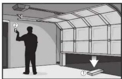 Diagram showing a person installing or adjusting a wall-mounted device with labeled components and directional arrows