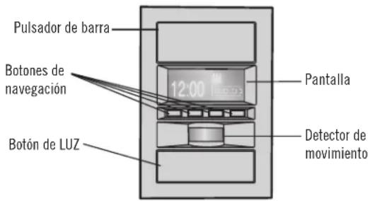 Pulsador de barra Botones de navegación 12:00 Pantalla Botón de LUZ Detector de movimiento