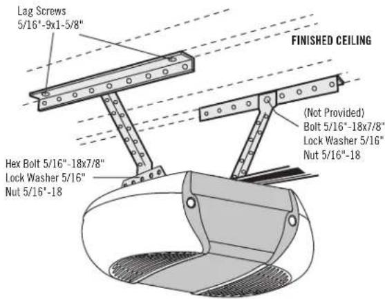Lag Screws 5/16"-9x1-5/8" FINISHED CEILING Hex Bolt 5/16"-18x7/8" Lock Washer 5/16" Nut 5/16"-18 (Not Provided) Bolt 5/16"-18x7/8" Lock Washer 5/16" Nut 5/16"-18