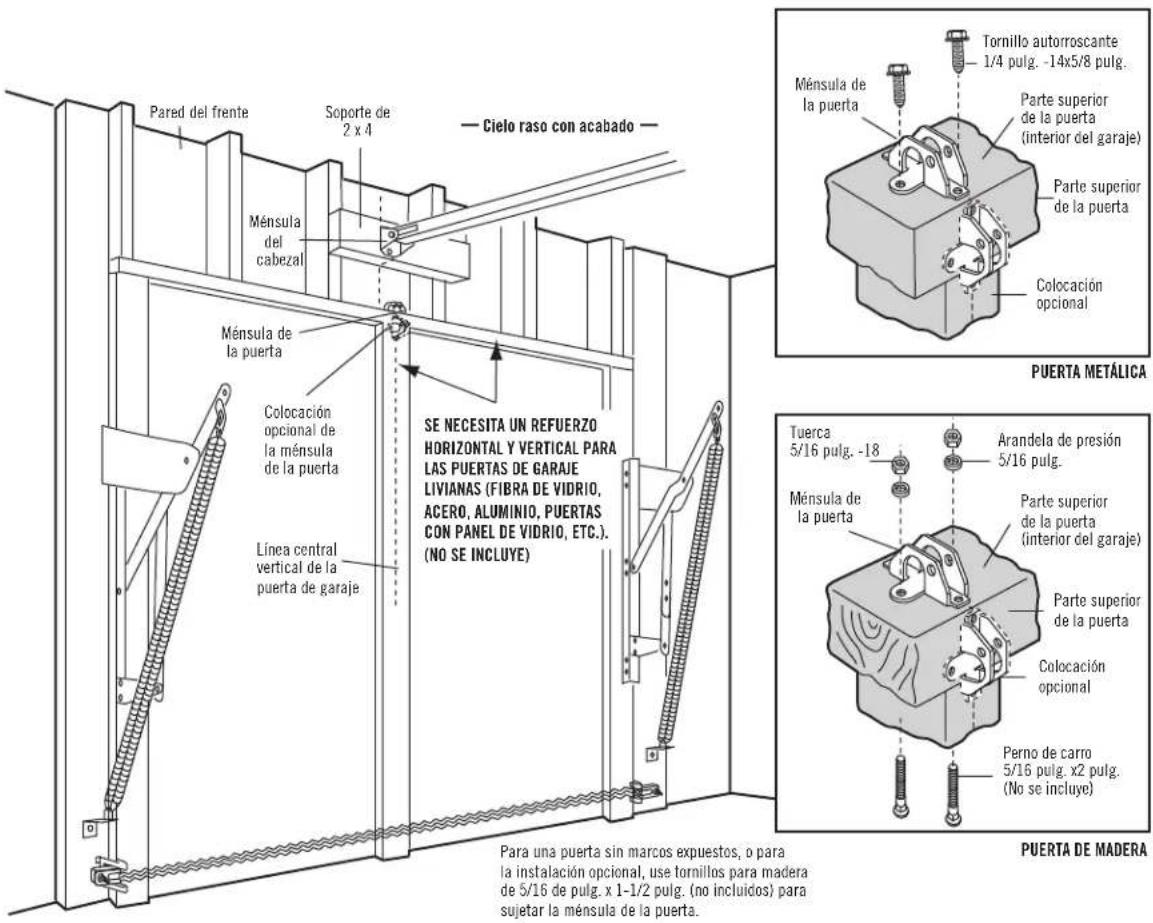 Pared del frente Soporte de 2 x 4 Cielo raso con acabado Ménsula del cabezal Ménsula de la puerta Colocación opcional de la ménsula de la puerta Línea central vertical de la puerta de garaje SE NECESITA UN REFUERZO HORIZONTAL Y VERTICAL PARA LAS PUERTAS DE GARAJE LIVIANAS (FIBRA DE VIDRIO, ACERO, ALUMINIO, PUERTAS CON PANEL DE VIDRIO, ETC.). (NO SE INCLUYE) Para una puerta sin marcos expuestos, o para la instalación opcional, use tornillos para madera de 5/16 de pulg. x 1-1/2 pulg. (no incluidos) para sujetar la ménsula de la puerta. Puerta METÁLICA Tuerca 5/16 pulg. -18 Arandela de presión 5/16 pulg. Ménsula de la puerta Parte superior de la puerta (interior del garaje) Parte superior de la puerta Colocación opcional Perno de carro 5/16 pulg. x2 pulg. (No se incluye) PUERTA DE MADERA