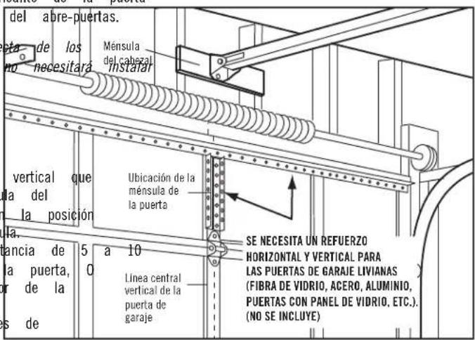 del abre-puertas. eta de los no necesitará Ménsula del cabezal instatar vertical que da del la posición Ubicación de la ménsula de la puerta la. ancia de la puerta, or de la es de 5 a 10 Linea central vertical de la puerta de garaje SE NECESITA UN REFUERZO HORIZONTAL Y VERTICAL PARA LAS PUERTAS DE GARAJE LIVIANAS (FIBRA DE VIDRIO, ACERO, ALUMINIO, PUERTAS CON PANEL DE VIDRIO, ETC.). (NO SE INCLUYE)