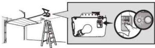 Diagram illustrating a mechanical setup with ladder, switch, device, and CD/DVD component, including a magnified view of the device's internal structure.