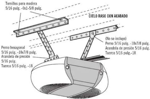 Tornillos para madera 5/16 pulg. -9x1-5/8 pulg. CIELO RASO CON ACABADO Perno hexagonal 5/16 pulg. -18x7/8 pulg. Arandela de presión 5/16 pulg. Tuerca 5/16 pulg. -18 (No se incluye) Perno 5/16 pulg. -18x7/8 pulg. Arandela de presión 5/16 pulg. Tuerca 5/16 pulg.-18