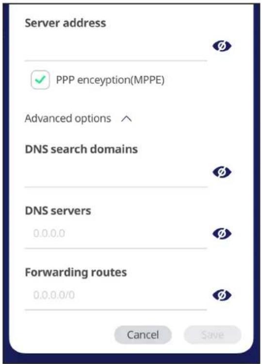 Server address PPP enception(MPPE) Advanced options ^ DNS search domains DNS servers 0.0.0.0 Forwarding routes 0.0.0.0/0 Cancel Save