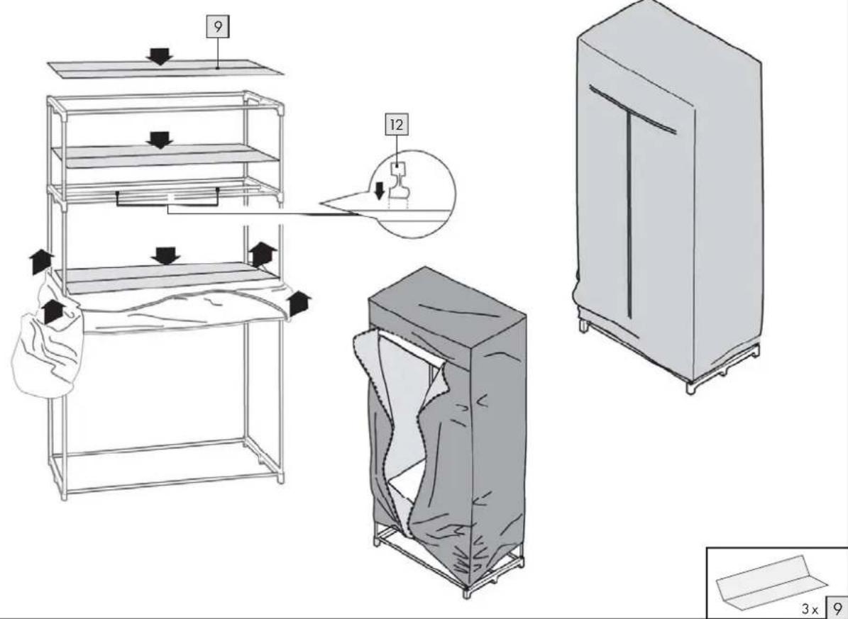 Diagram illustrating a garment rental or storage procedure with labeled components and directional arrows indicating movement.