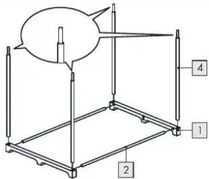 Technical diagram of a mechanical setup with labeled components 1, 2, 4 and an inset showing a circular component.